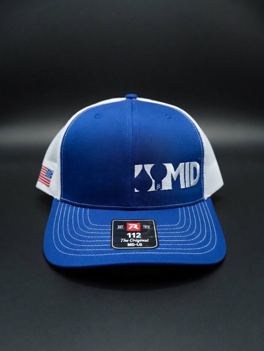 MID embroidered blue and white trucker hat