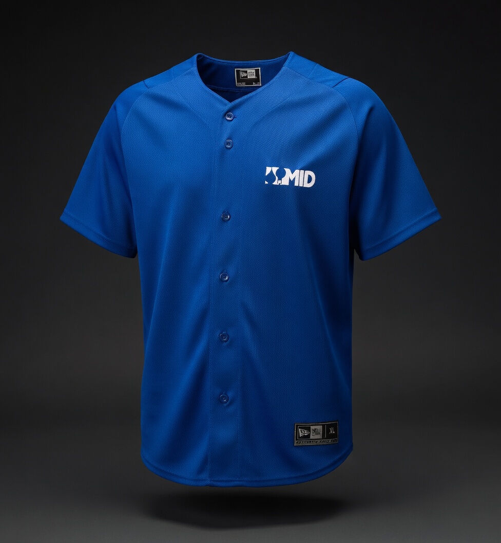 MID branded blue baseball jersey with embroidered logo