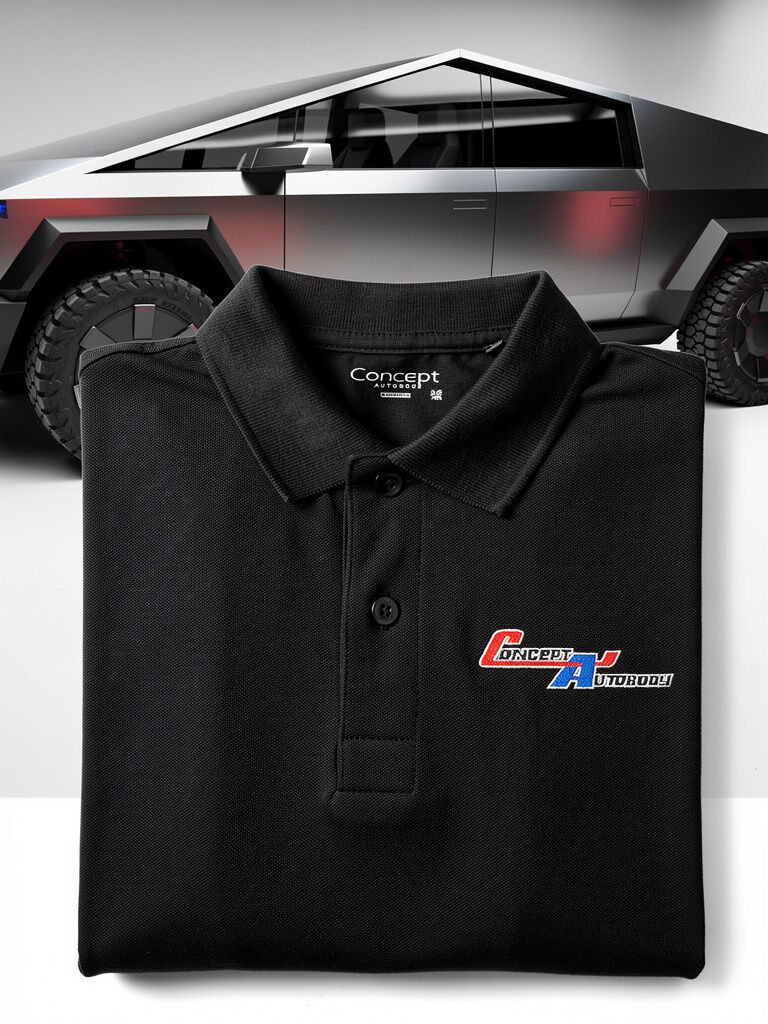 Concept Autobody embroidered black polo shirt with Cybertruck