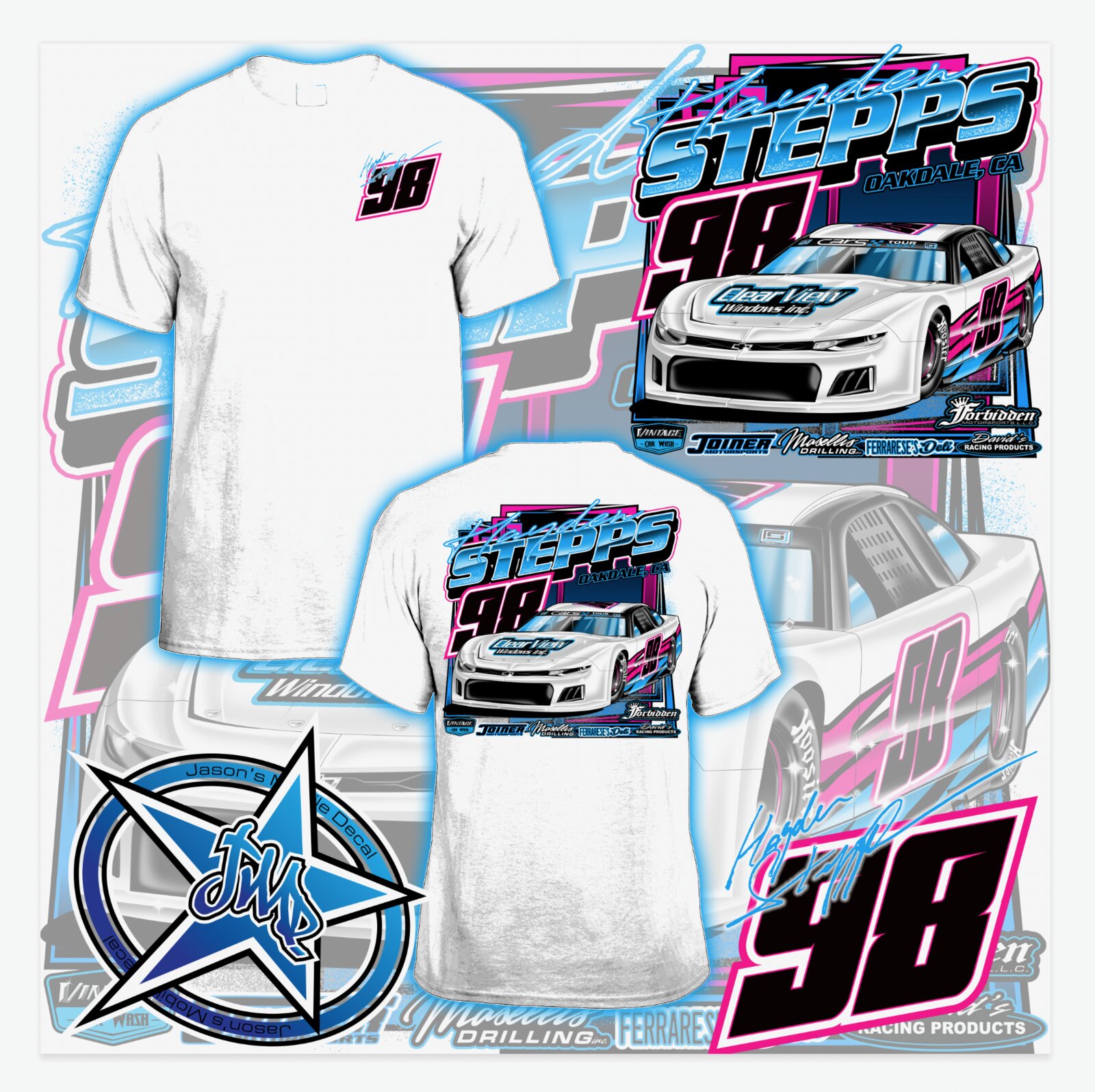 Hayden Stepps #98 racing team t-shirts in white with front and back designs