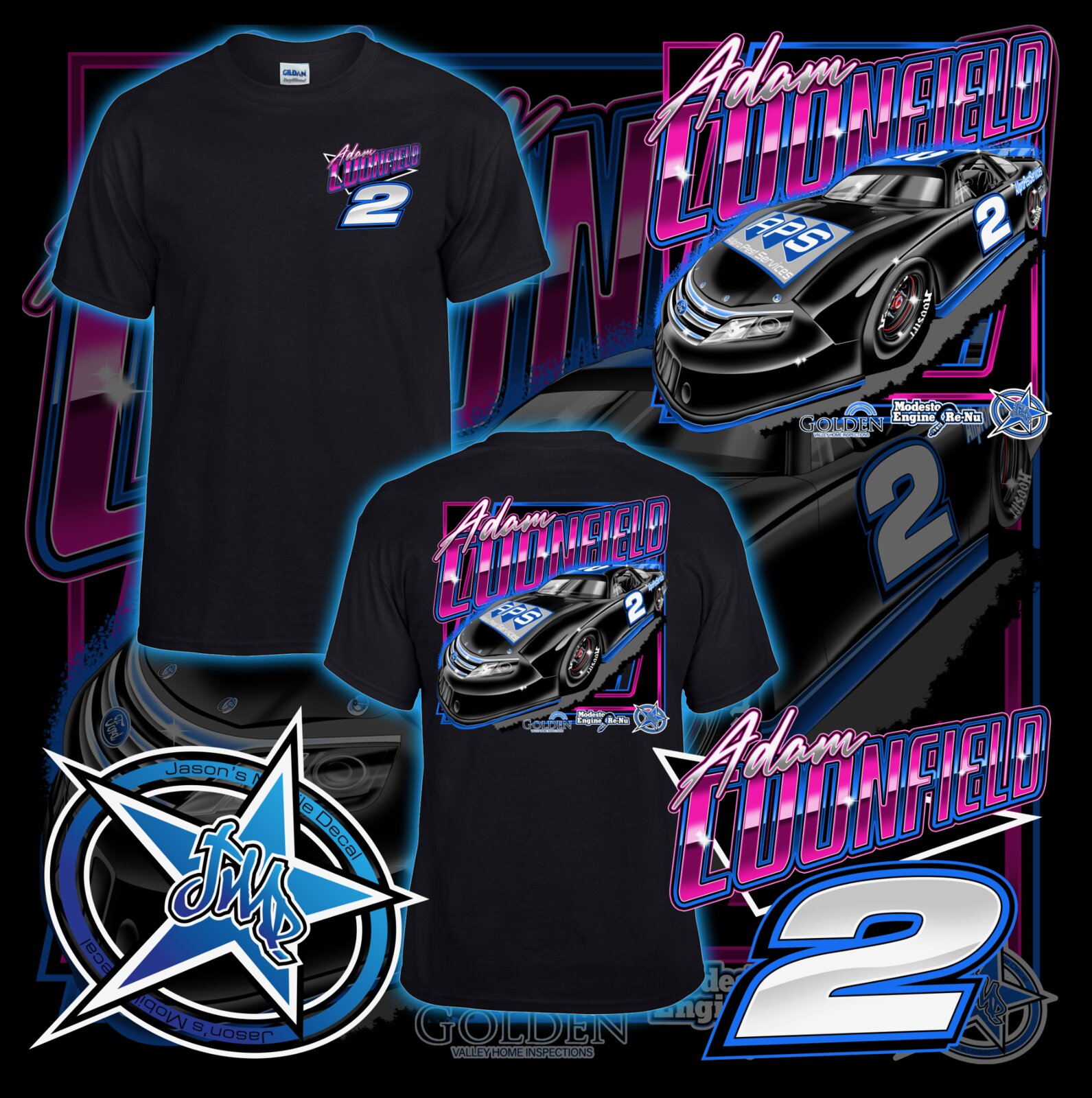 Adam Coonfield #2 racing team t-shirts in black with front and back designs